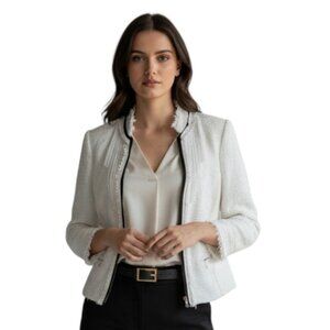 White House Black Market Textured Blazer Black & White Zip Front Size 2
